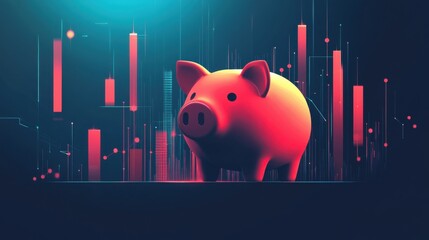Poster - Abstract representation of savings illustrating a piggy bank and digital financial graphs in a futuristic setting