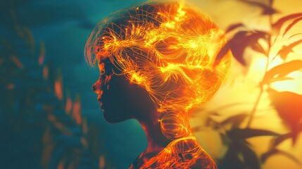 Poster - Vibrant visualization of a glowing child in a natural landscape at sunset