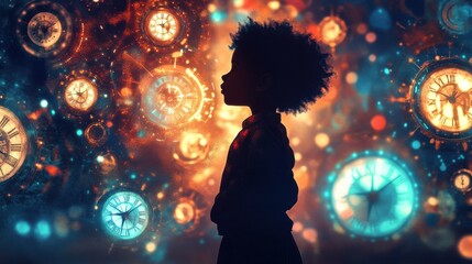 Leinwandbilder - Child illuminated by magical clocks in a mesmerizing dreamlike atmosphere filled with vibrant colors and imagination