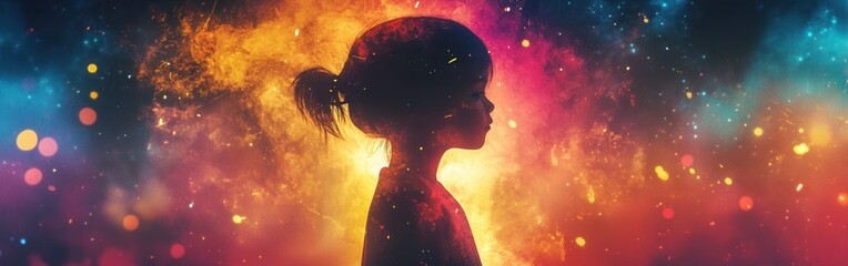Poster - Vibrant glow of a child surrounded by colorful light in an imaginative atmosphere