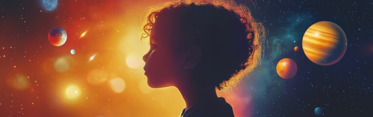 Poster - Vibrant representation of a child's silhouette against a cosmic backdrop with planets and stars