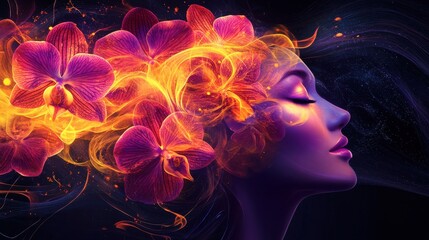 Leinwandbilder - Vibrant woman's face with floral elements and glowing colors in a mystical setting at twilight