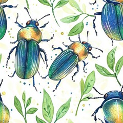 Poster - Colorful illustrated beetles among lush green leaves in a whimsical design