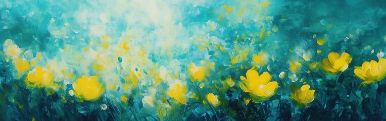 Aufkleber - Vibrant landscape featuring teal background with bright yellow flowers in a serene natural setting