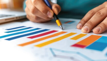 Poster - Professional hands analyzing financial graphs with colorful charts