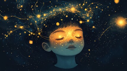 Poster - Surreal visualization of a child's face illuminated by stars and cosmic elements in a dreamlike setting at night