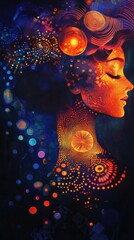 Aufkleber - Surreal representation of a glowing woman embodying cosmic energy in a vibrant, dreamlike atmosphere