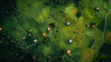 Poster - Stunning drone view reveals a vibrant rolling countryside with scattered houses and lush green fields