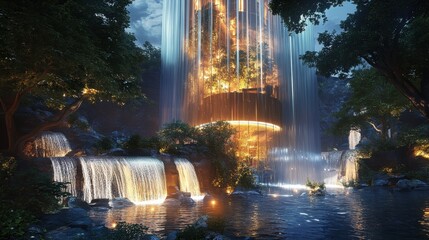 Aufkleber - Futuristic tower surrounded by glowing waterfalls in a serene landscape at twilight