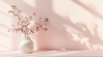 Poster - Delicate cherry blossom branch in a white vase against a soft pale pink background with subtle shadows