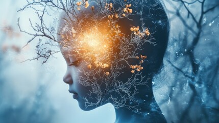 Poster - Serene visualization of a glowing child surrounded by nature's beauty and imagination at twilight