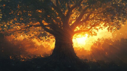 Poster - Serene silhouette of a glowing tree at sunset in a tranquil natural setting