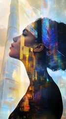 Poster - Portrait of a serene woman with a glowing expression amidst a vibrant cityscape during sunset