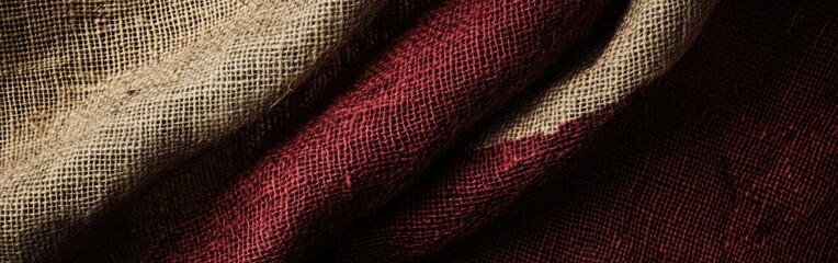 Fototapete - Rustic burlap fabric display showcasing a blend of burgundy and beige textures for artisanal crafts and decor