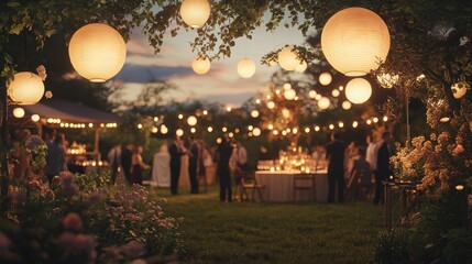 Poster - Elegant garden party illuminated by lanterns at twilight with guests mingling in a picturesque setting