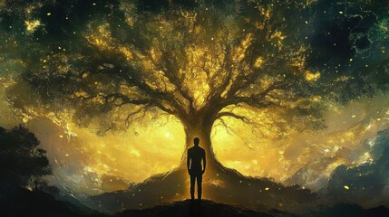 Aufkleber - Silhouette of a man standing before a luminous tree in an enchanting cosmic landscape during twilight