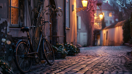  A whimsical scene of a bicycle leaning against a lamppost on a cobblestone street at dusk, providing a nostalgic background with open space for text