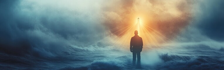 Aufkleber - Man surrounded by turbulent waters illuminated by a distant glowing lighthouse at dawn