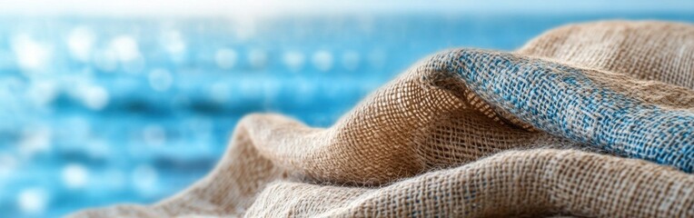 Aufkleber - Calming view of soft fabric draped over a surface with serene blue water in the background at sunset
