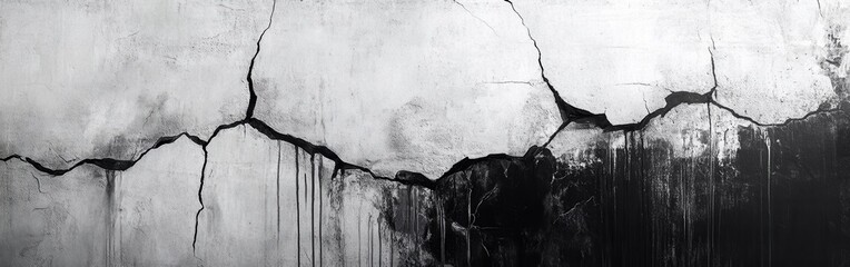 Leinwandbilder - Bold concrete wall featuring high-contrast black and white cracks with paint drips inviting artistic interpretation
