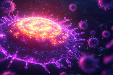 Aufkleber - Glowing cell illuminated among a swarm of menacing viruses in a dark microscopic environment. Generative AI