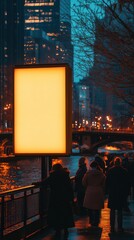 Poster - Quiet evening stroll by the river with glowing empty sign and city backdrop