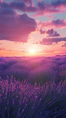 Aufkleber - Colorful lavender field during sunset with vibrant sky and fluffy clouds creating a serene atmosphere