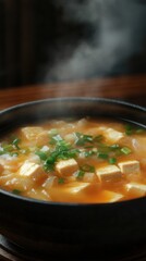 Poster - Close-up of steaming tofu dish with vibrant vegetables in a warm bowl