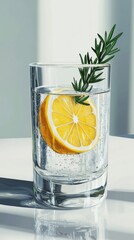 Poster - Refreshing close-up of a glass of sparkling water with lemon and rosemary in a bright setting