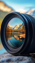 Poster - Close-up view of a camera lens showcasing stunning mountain scenery reflected in the glass