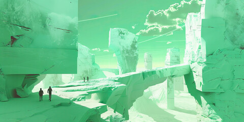 Wall Mural - Digital Artwork: Mint-Green Geometric Rock Formations and Figures