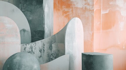Poster - Soft pastel peach and gray forms create a harmonious blend of curves and angles in contemporary design space