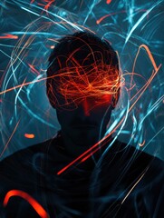 Aufkleber - Person surrounded by vibrant swirling lines and abstract shapes during a creative exploration of perception and imagination. Generative AI
