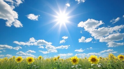 Aufkleber - Vibrant sunflowers bloom under a bright sun in a picturesque field against a clear blue sky
