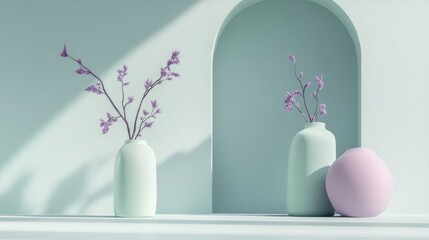 Aufkleber - Minimalist arrangement of echoed shapes in muted mint with soft accent flowers in light vases and a pastel orb on a serene display