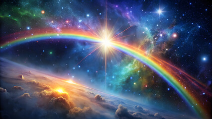 Wall Mural - Rainbow Beam of Light Connecting Cosmos and Nebula. Perfect for: Spiritual Ceremonies, Cosmic Art Exhibitions, Visionary Events