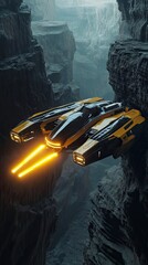 Wall Mural - yellow spaceship soaring through alien canyon