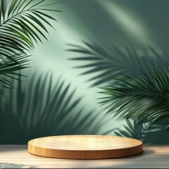 Wall Mural - Serene Tropical Minimalist Product Display: Wooden Platform with Palm Leaf Shadows on Green Background