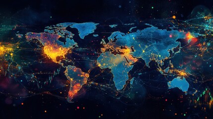Leinwandbilder - Global currency symbols flow across a digital map representing financial connections and exchanges