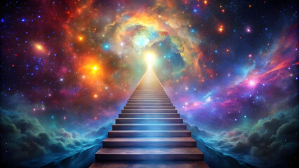 Wall Mural - Colored Light Staircase Leading to Distant Nebula. Perfect for: Spiritual Ceremonies, Cosmic Art Events, Inspirational Posters