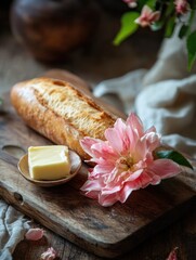 Aufkleber - Freshly baked baguette with butter and a pink flower on a rustic wooden surface enhances the charm of a cozy kitchen setting