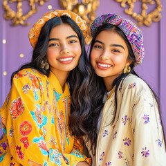 Wall Mural - two young indian girls standing together on purple background