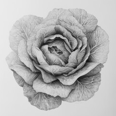 Poster - Detailed drawing of a whole head of lettuce showcasing layered leaves and intricate textures in monochrome