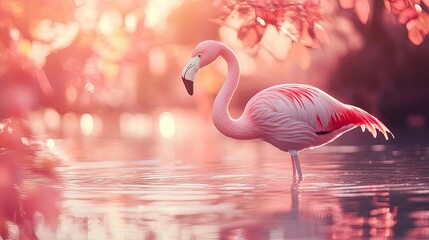 Wall Mural - Pink Flamingo Standing Gracefully in Sunset Waters