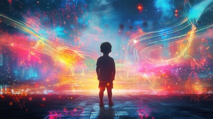 Leinwandbilder - Vibrant visualization of a glowing child exploring a colorful digital landscape at twilight