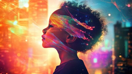 Poster - Vibrant visualization of a glowing child set against a colorful urban backdrop at night