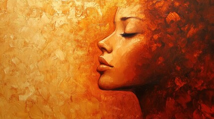 Aufkleber - Fire and elegance in a textured portrait of a woman with curly hair against a vibrant orange backdrop