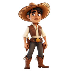 Wall Mural - A male cartoon character in a traditional Mexican vaquero (cowboy) outfit, complete with a leather vest, chaps, and a sombrero, on a white background