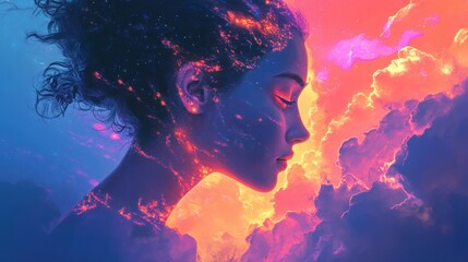 Aufkleber - Surreal glowing woman surrounded by vibrant clouds in an otherworldly landscape at twilight