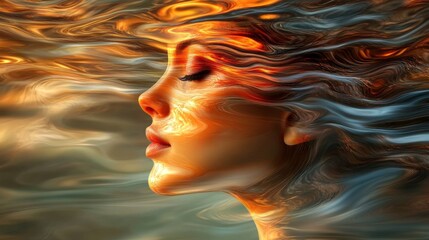 Poster - Surreal glow of a woman immersed in flowing patterns of light and color